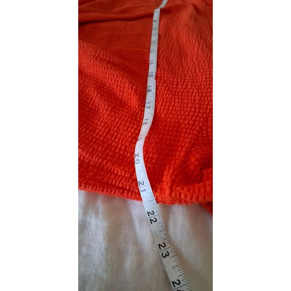 LOFT Top M Orange Textured Puff Sleeve Tie Front Square Neck Cotton Blend Blouse